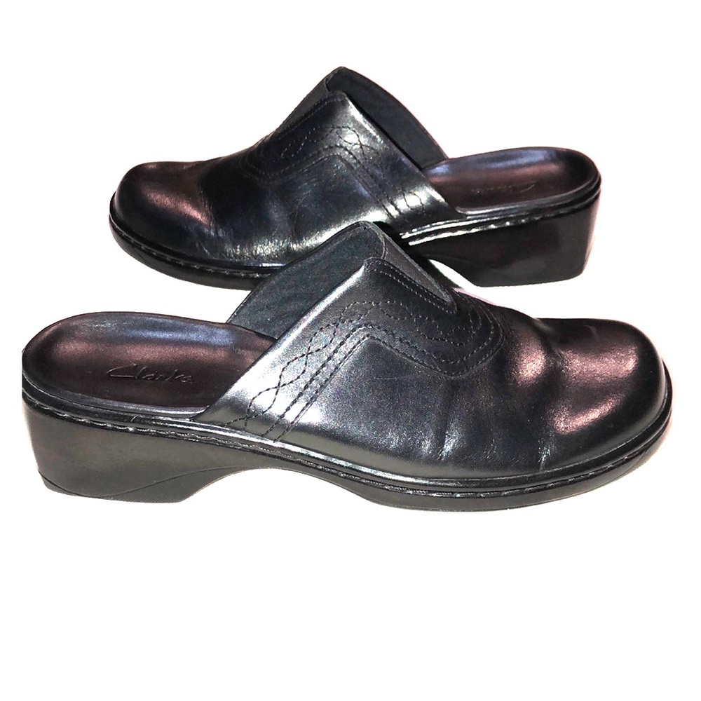 Clarks Women's Black Leather Wedge Mules - Picture 5 of 8